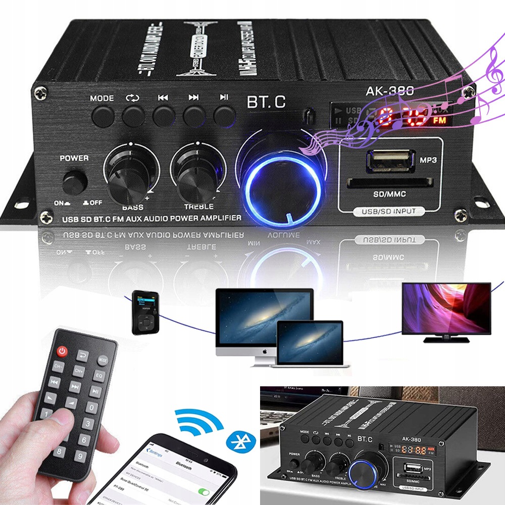 Zesilovač Bluetooth Usb Fm Přenosný S LCD Aux Kartou Sd/tf Fm