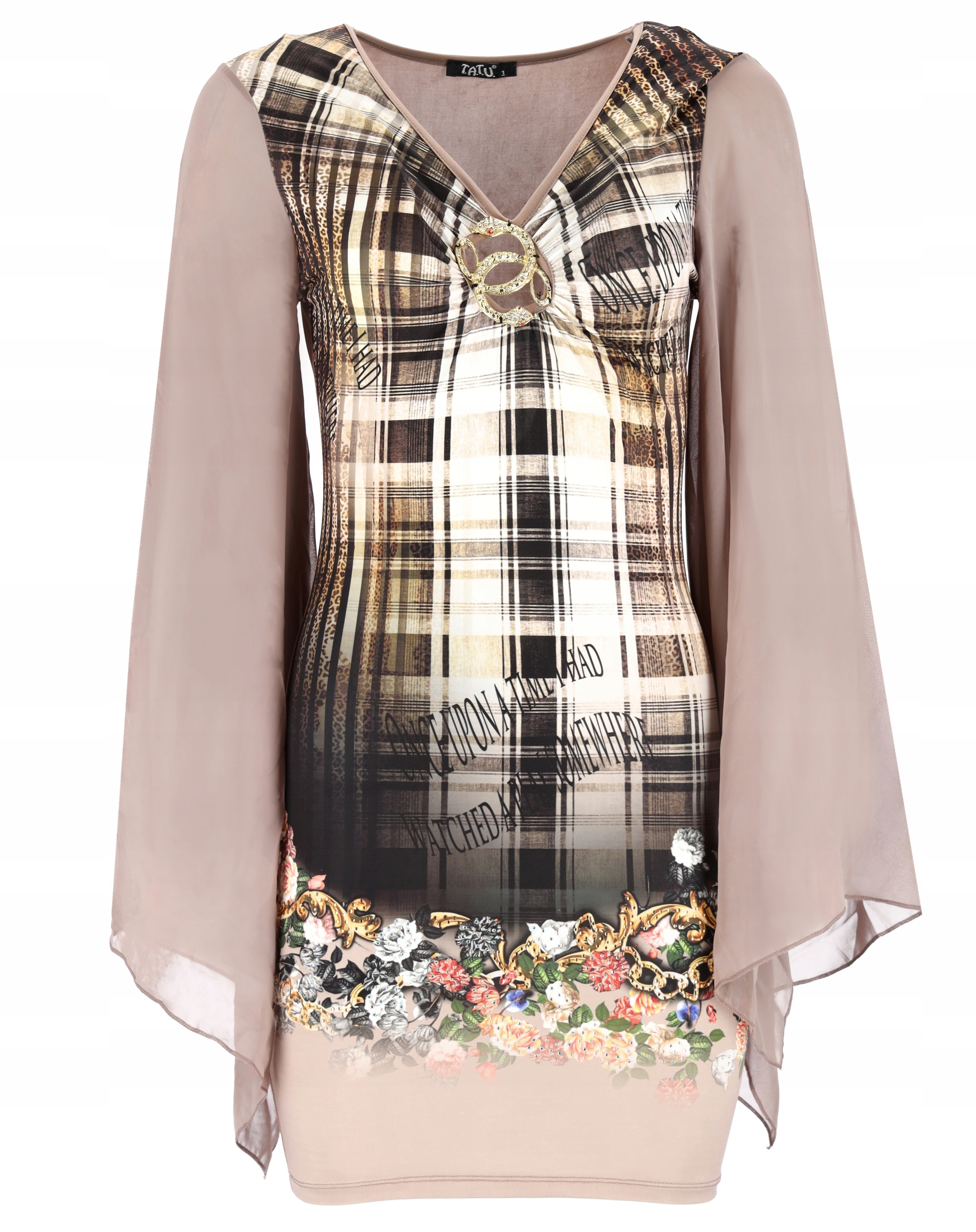 Šaty Elegantní přiléhavé šaty s dlouhým rukávem, výstřihem do V a vzorem