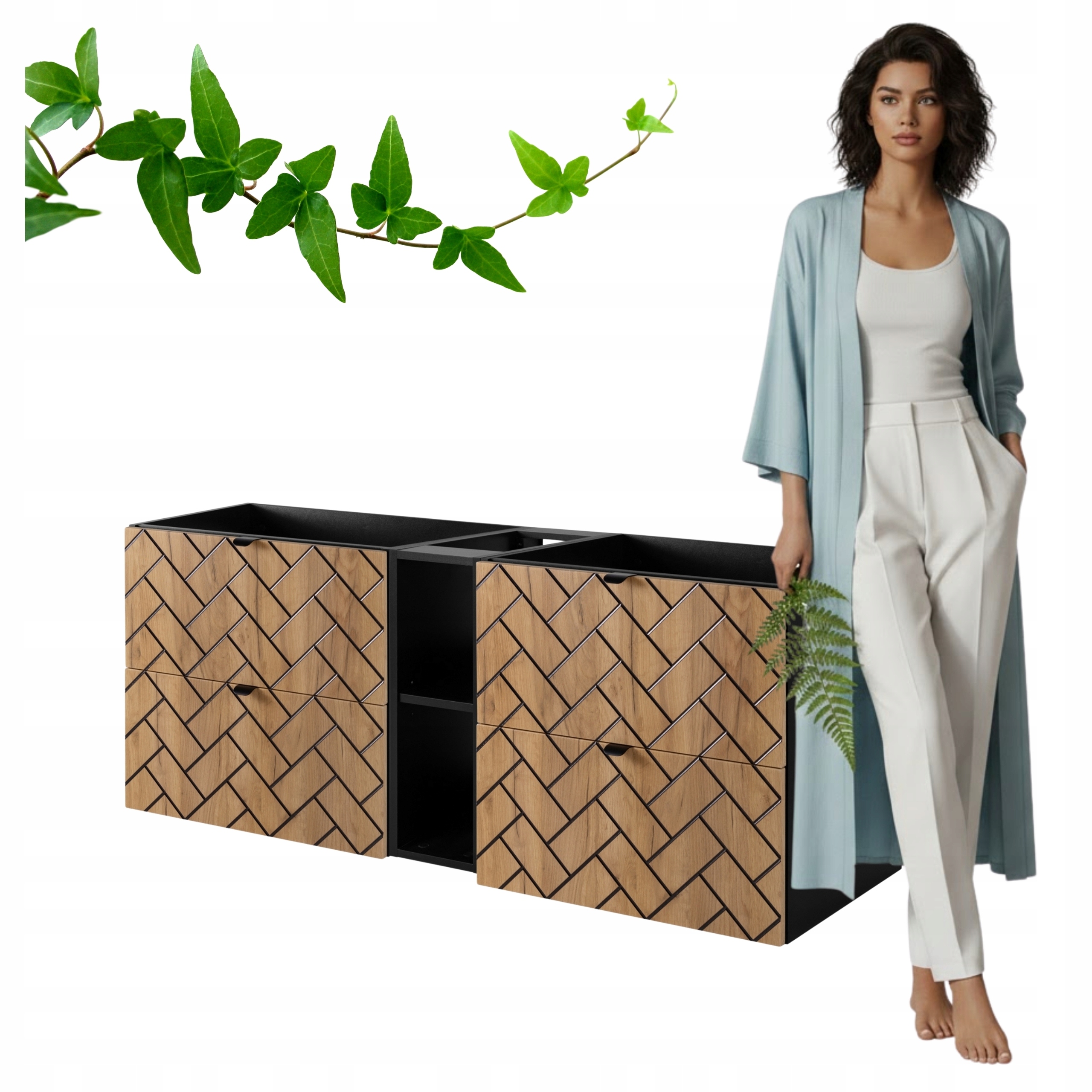 Szafka Łazienkowa Wisząca Pod Umywalkę 140x46CM Rensan Czarny Dąb Z Regałem