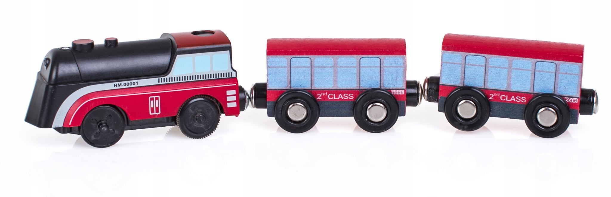 DREWNIANY POCIĄG NA BATERIE Lokomotywa z 2 wagonami do kolejek drewnianych Seria Kolejki Doris