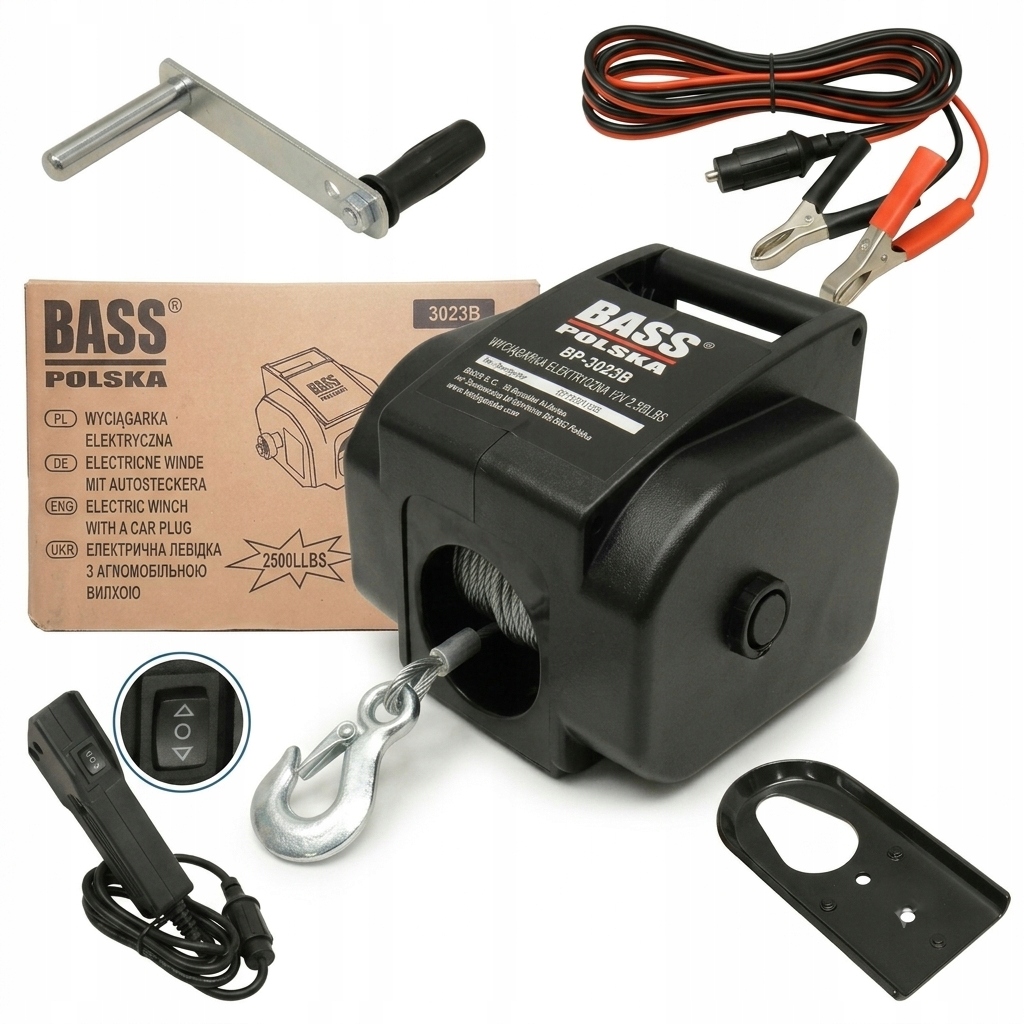 Wyciągarka Elektryczna 12V Bass Polska 2500LBS 1,5T Pilot Korba 9M Czarny