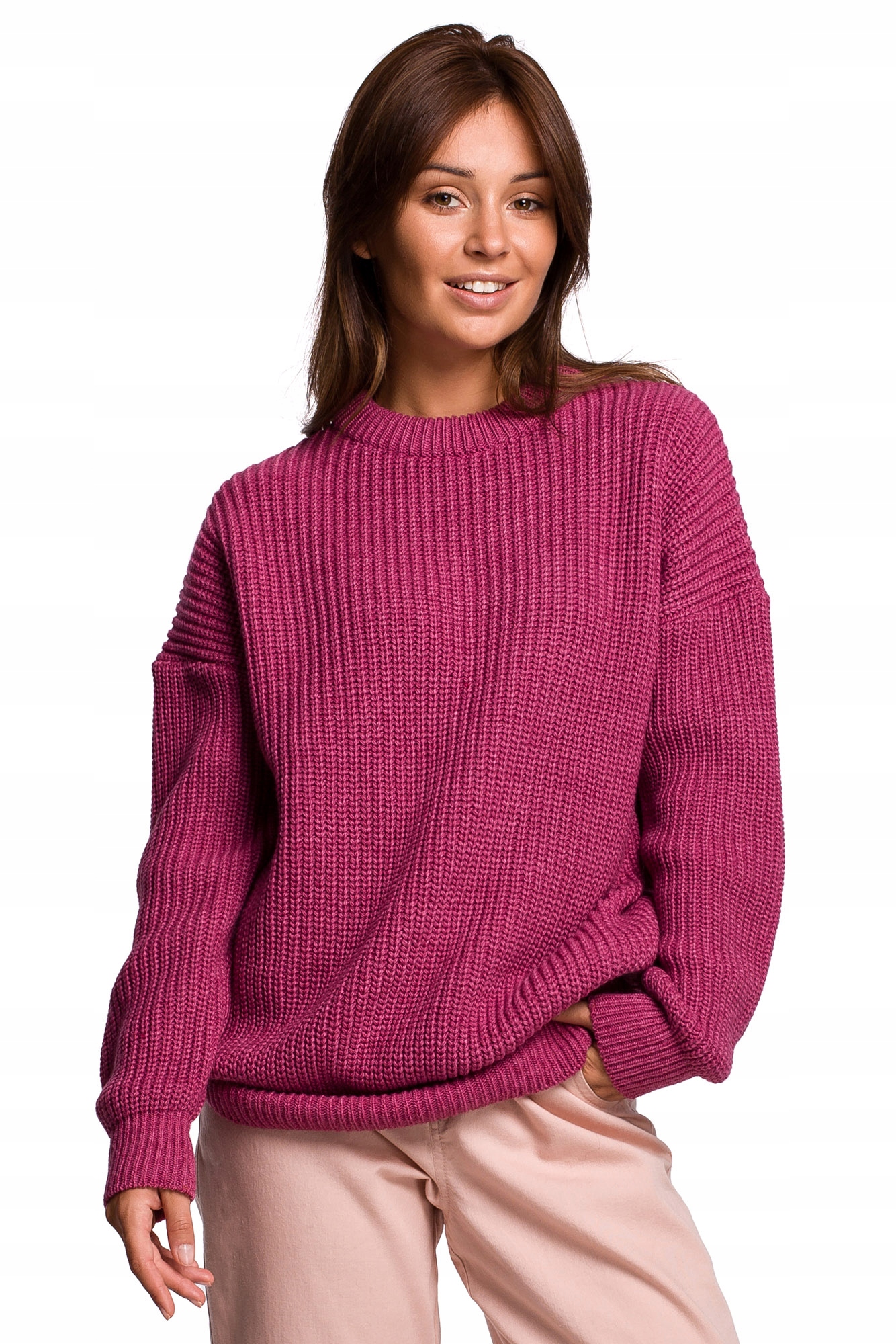 

Be Knit BK052 Długi Sweter W Prążek (s/m) Wrzos