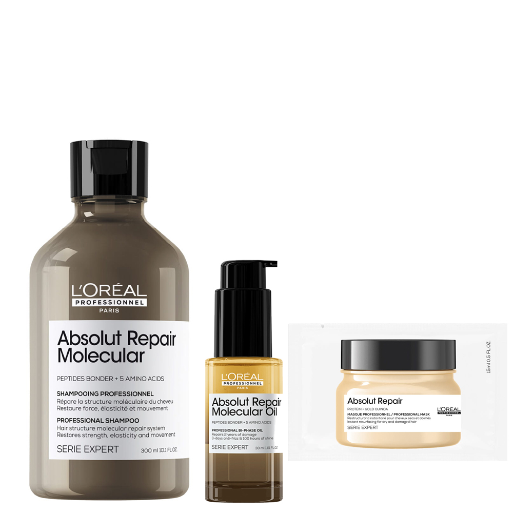 Absolut Repair Molecular sada poškozených vlasů šampon olej 30 +dárek