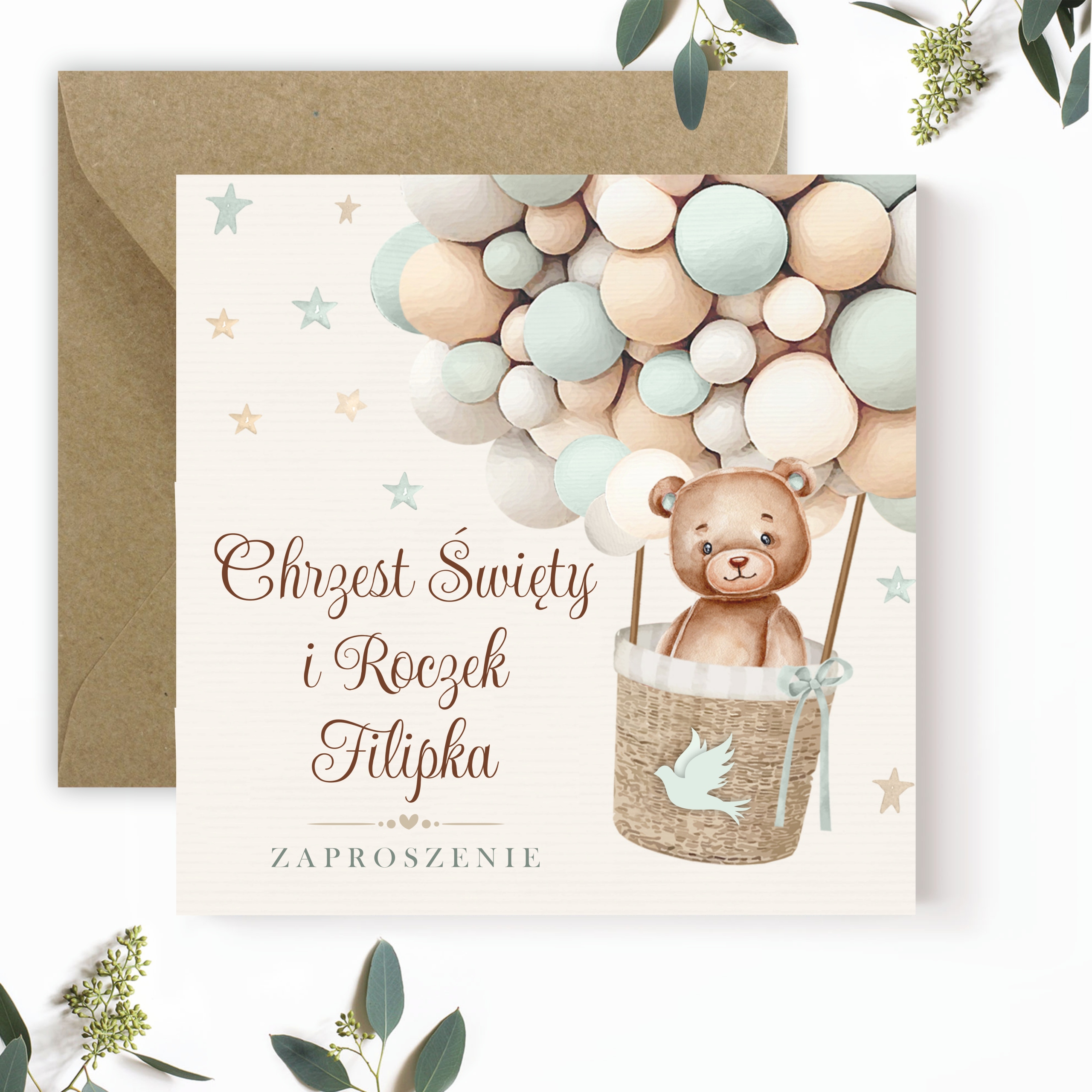 ZAPROSZENIA NA CHRZEST I ROCZEK + IMIĘ + KOPERTA Wysokość produktu 14 cm