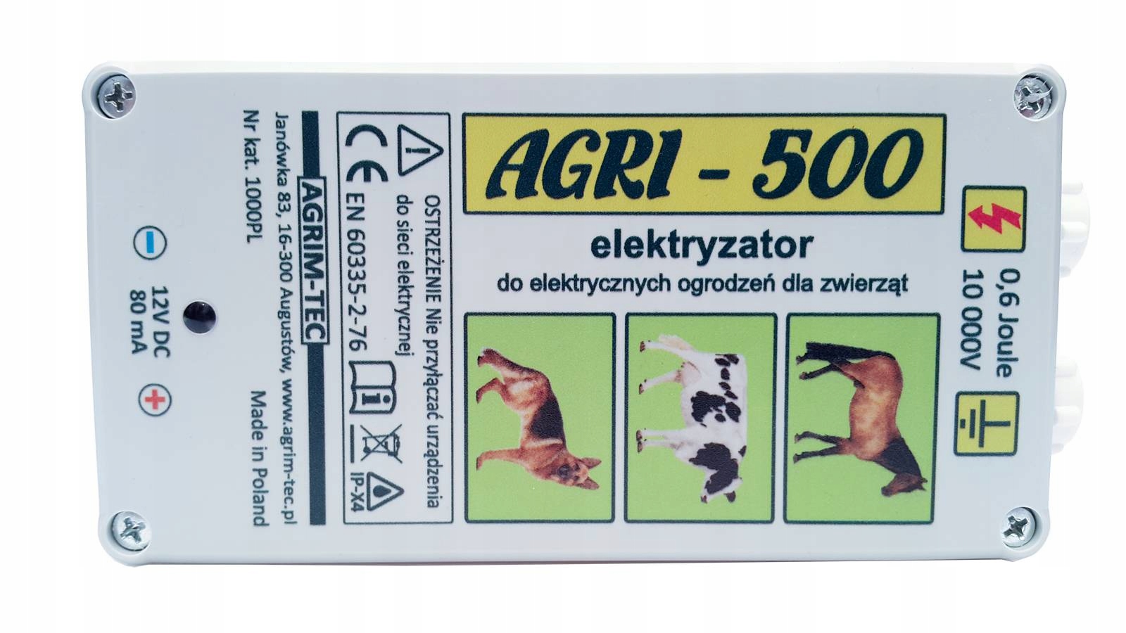 ELEKTRYZATOR AKUMUL 12V/230 AGRI-500 PASTUCH 0,6J Maksymalna długość ogrodzenia 10 km