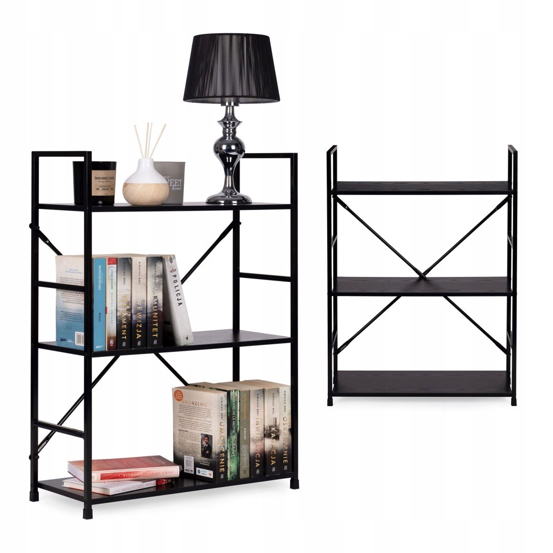 Dřevěný regál kovový rám široký Loft 3 police černý ModernHome Modern