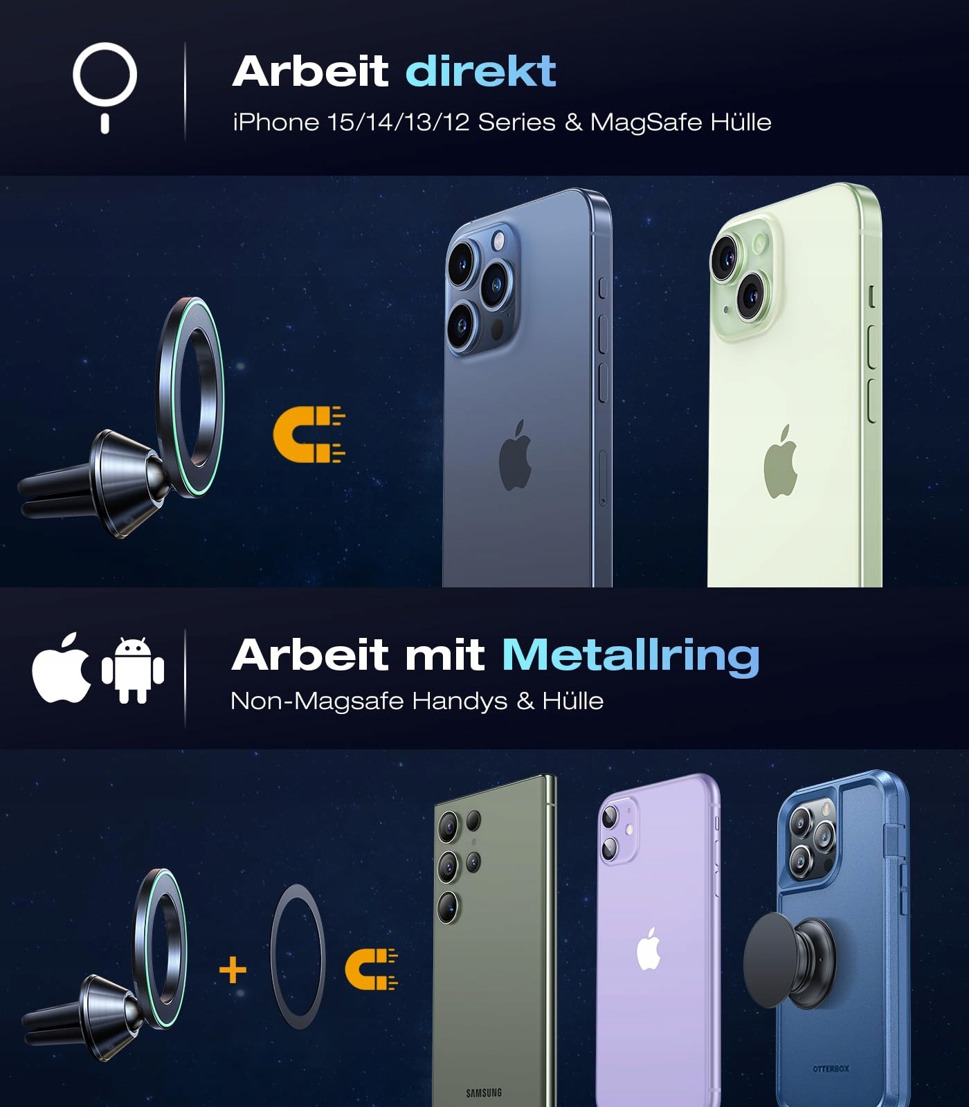 VICSEED Magnetyczny Uchwyt Samochodowy Do iPhone Android Metalowy Klips — miniatura 6