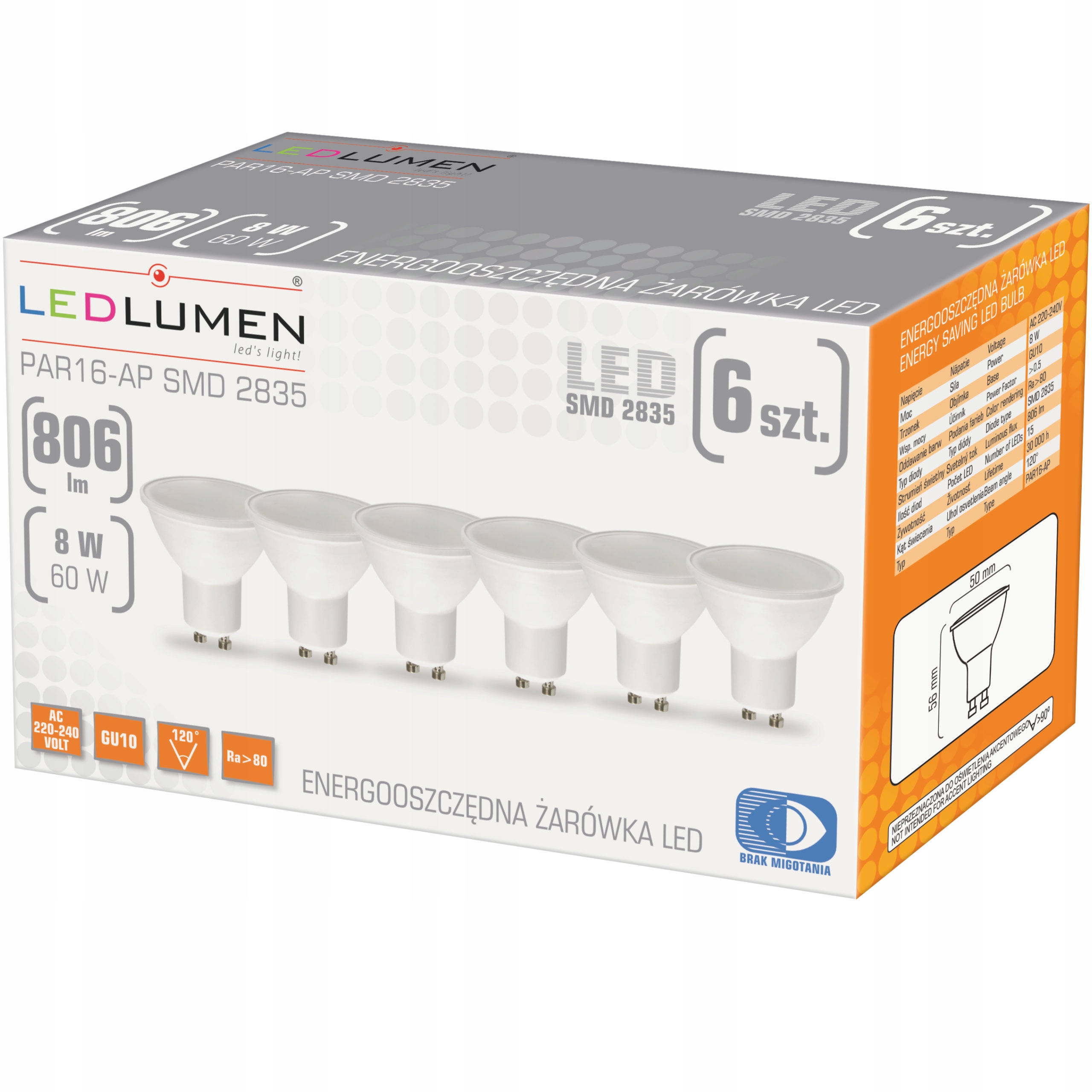 

Zestaw 6x Żarówka GU10 8W=60W Led 806lm Ledlumen