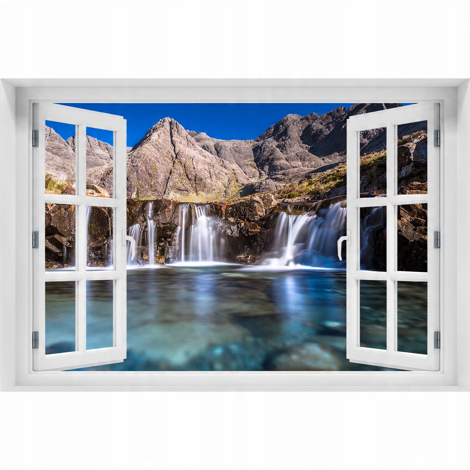 

Naklejka fototapeta Okno Wodospad w górach 150x100