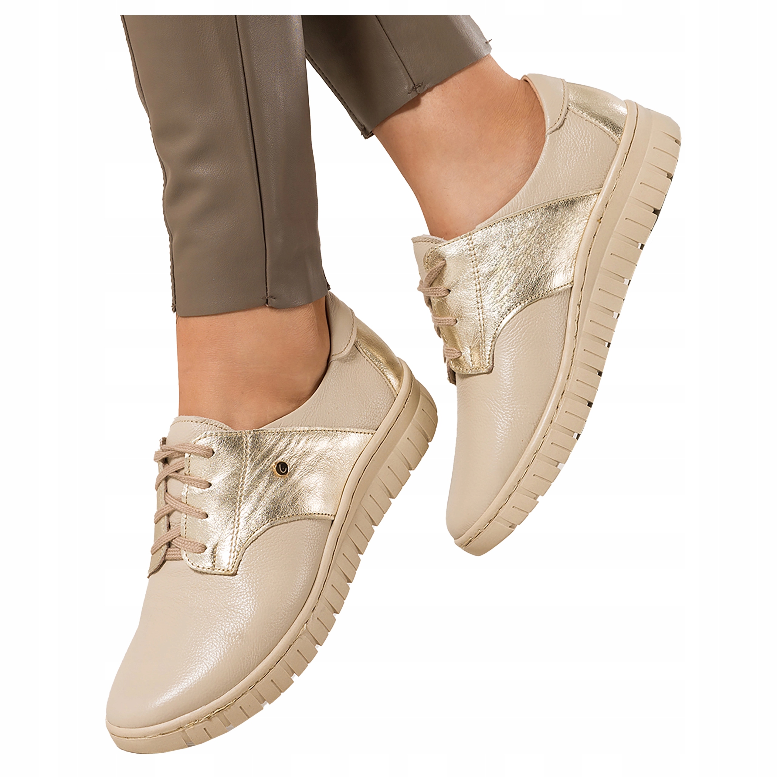 Sneakersy Béžové Kožené Dámské Creepersy Šněrovací Pohodlné Módní vel 37