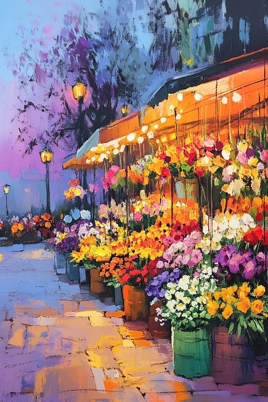 Obraz Na Plátně Canvas Město Ulice Večer Obchod Stragan Květiny 80x120