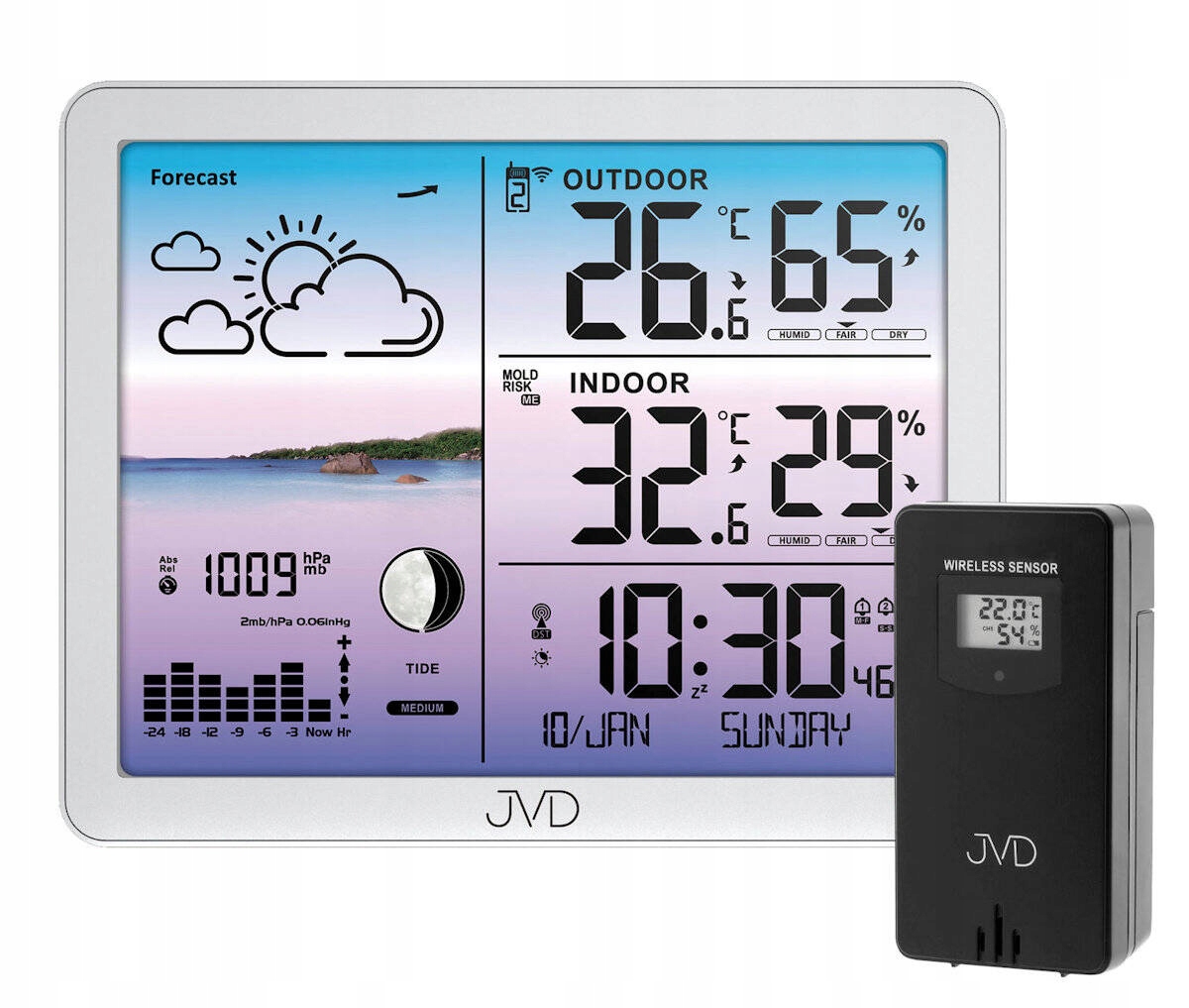 Podsvícená Meteostanice Jvd RB3566.2 Alarmy Sonda Tlak Plíseň Dcf