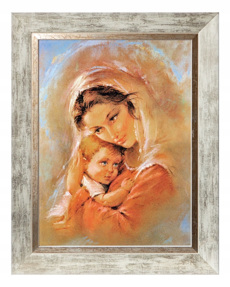Matka Boží S Dítětem Sakrální Obraz V Bílém Ozdobném Rámu 30X40