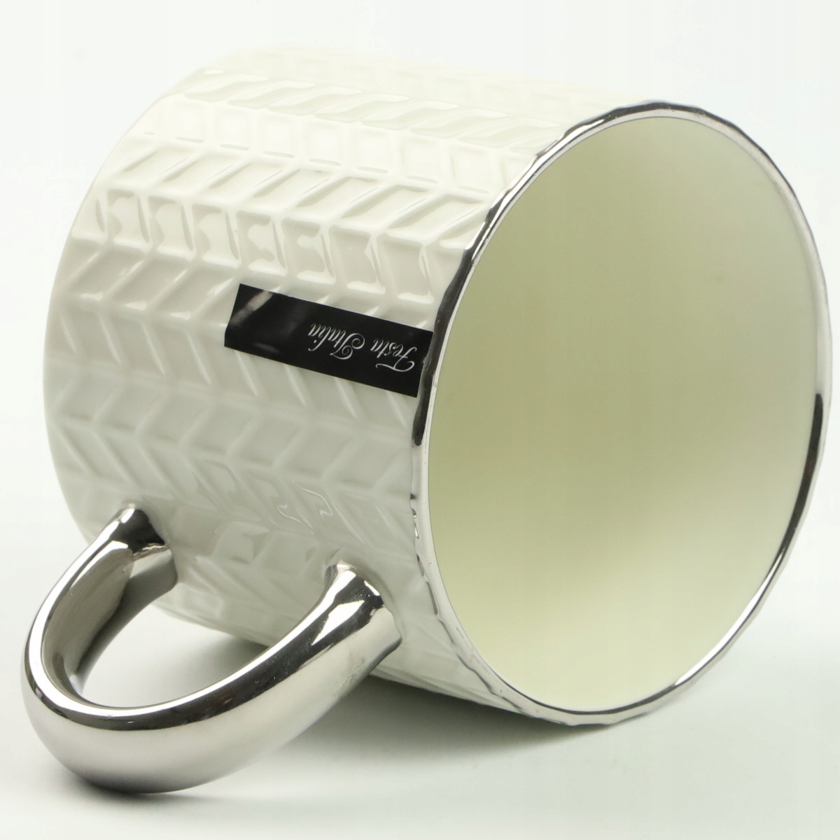 KUBEK PORCELANOWY DO KAWY HERBATY WZÓR SWETEREK 470ML ZE SREBRNYM UCHEM