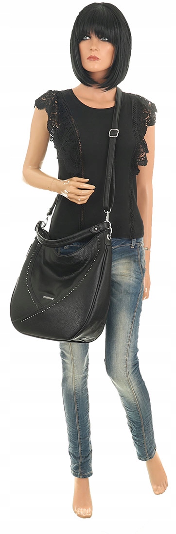 SILVIA ROSA Włoska Torebka Damska worek listonoszka na Ramę SB6820 Black Wielkość duża (mieszcząca A4)