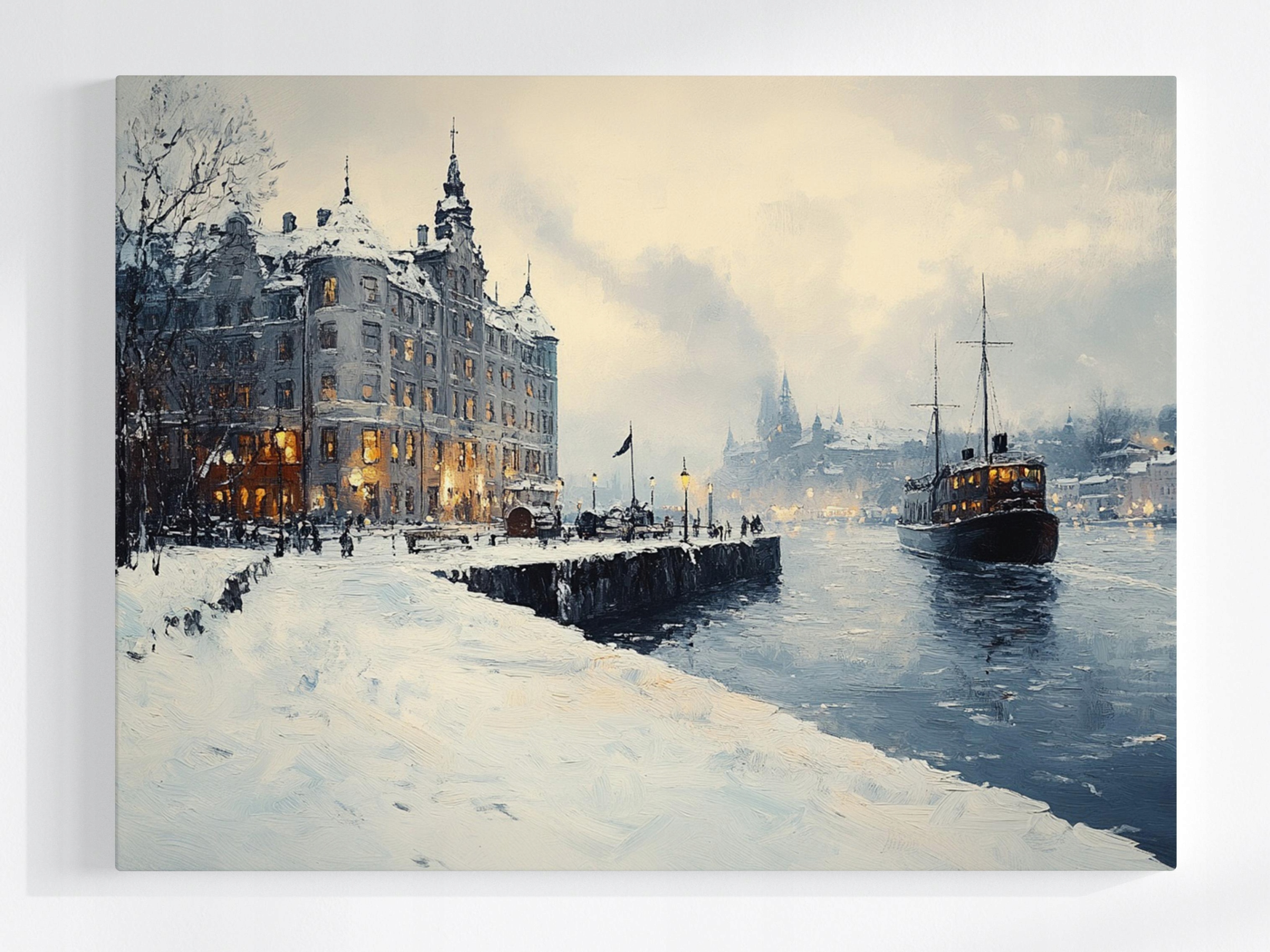 Obraz Na Plátně Canvas Město Přístav Nábřeží Loď Zima Sníh Mráz 80x60