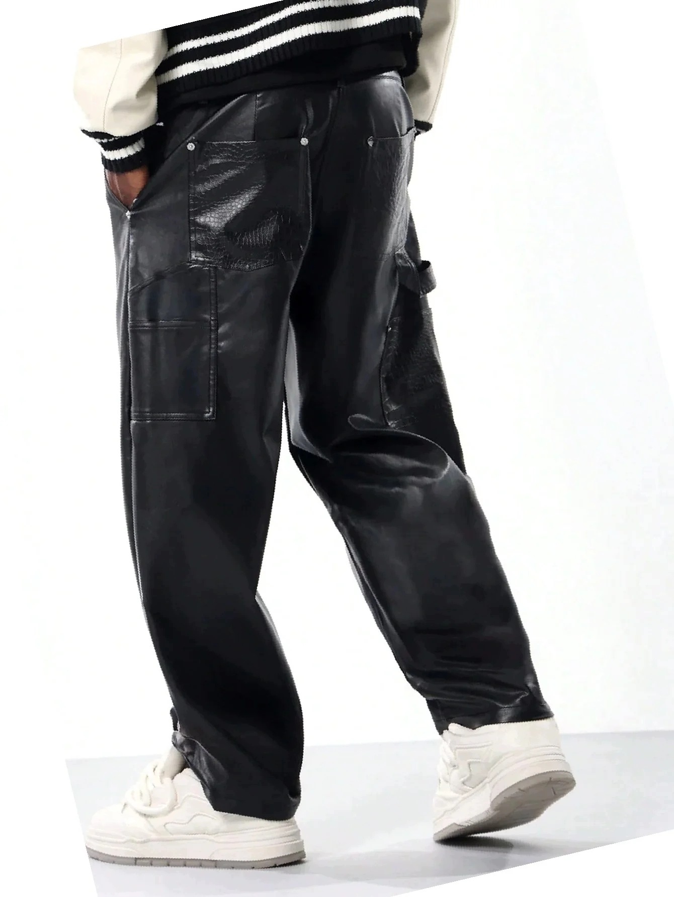 Černé kalhoty z eko kůže s posuvníkem Wide Leg Pánské XL