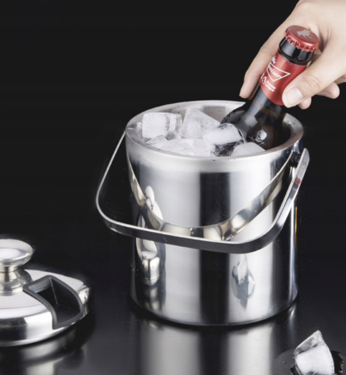 Wiaderko do Lodu Termiczny Pojemnik na Kostki Lód 1,3l + Szczypce Łyżeczka Seria Stal szczotkowana