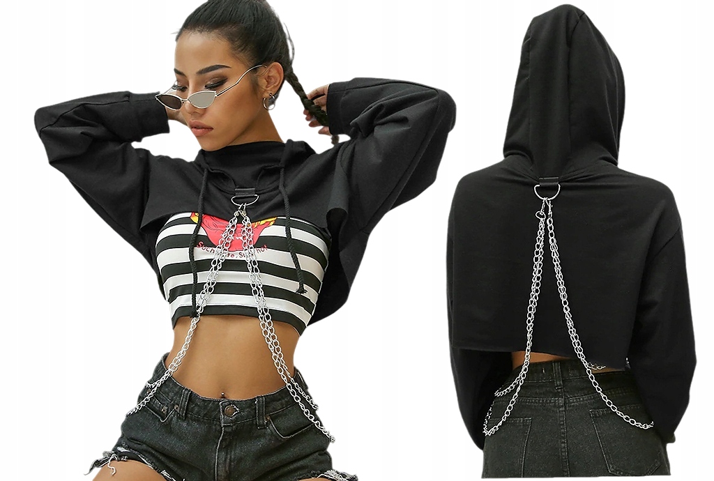 Stylová krátká Mikina s řetězy Punk Hip Hop Goth XL