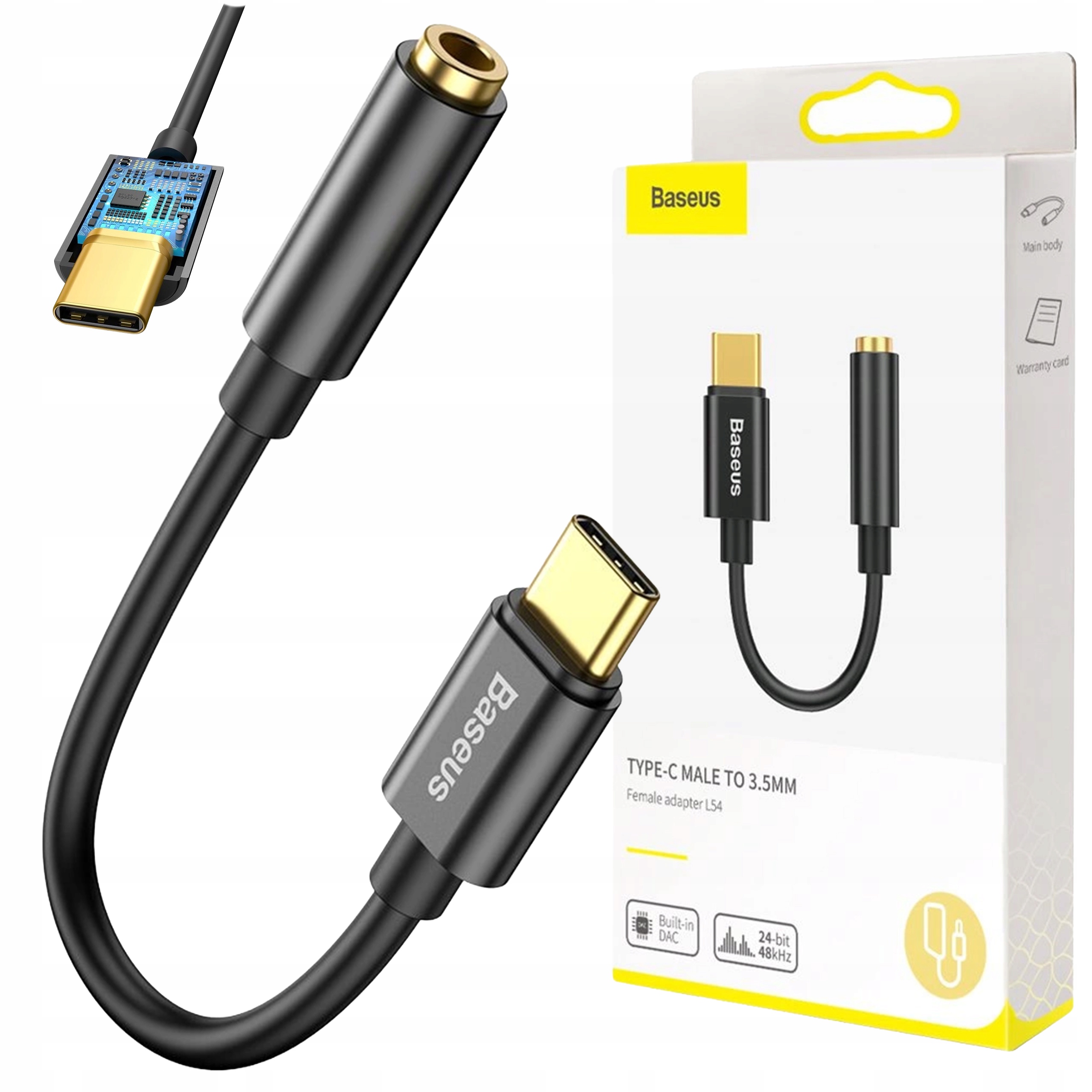 Adapter Usb Baseus Usb-c jack 3.5mm Dac 24bit 9cm Markowy jakość Czarny