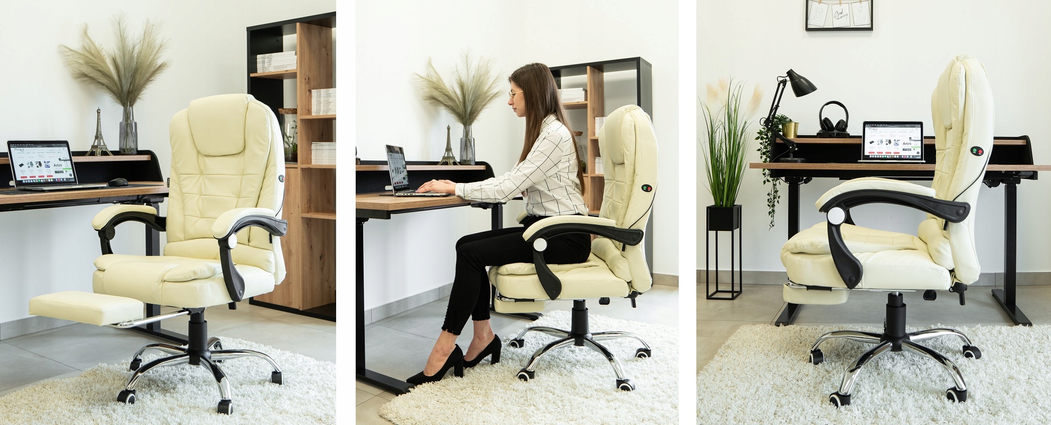 Fotel biurowy obrotowy Elgo masaż podnóżek kremowy Szerokość siedziska 53 cm