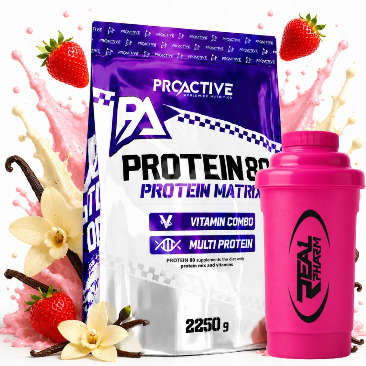 Bílkovina mix bílkovin ProActive Protein 80 2250 g Vanilka Jahoda Shaker