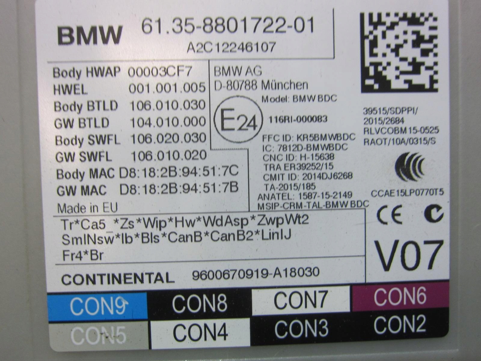 BMW X3 G01 G30 computer module control unit BDC 8715809 8725624 61359436420