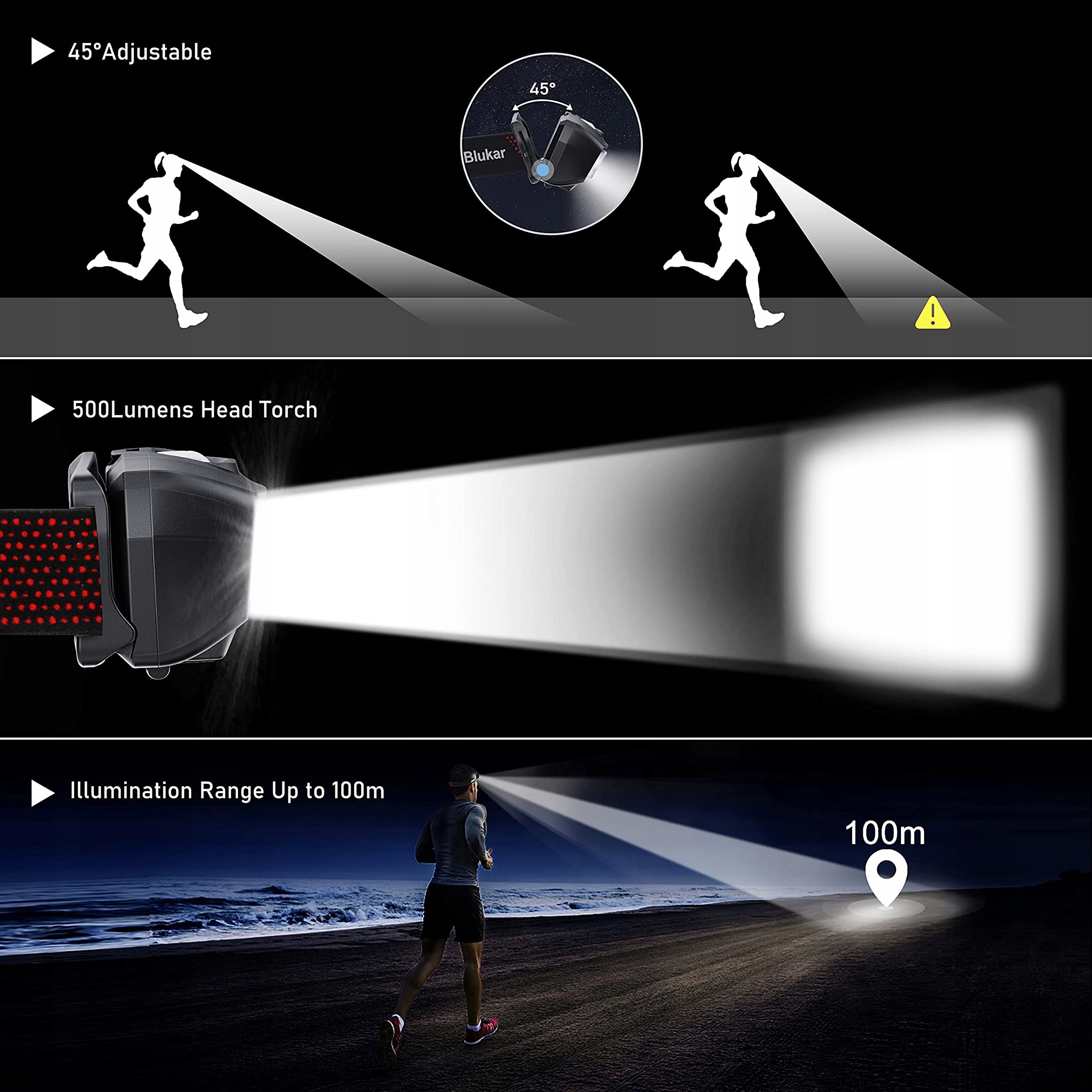 Blukar Lampa LED Latarka Na Głowę Czołowa Jogging — miniatura 5