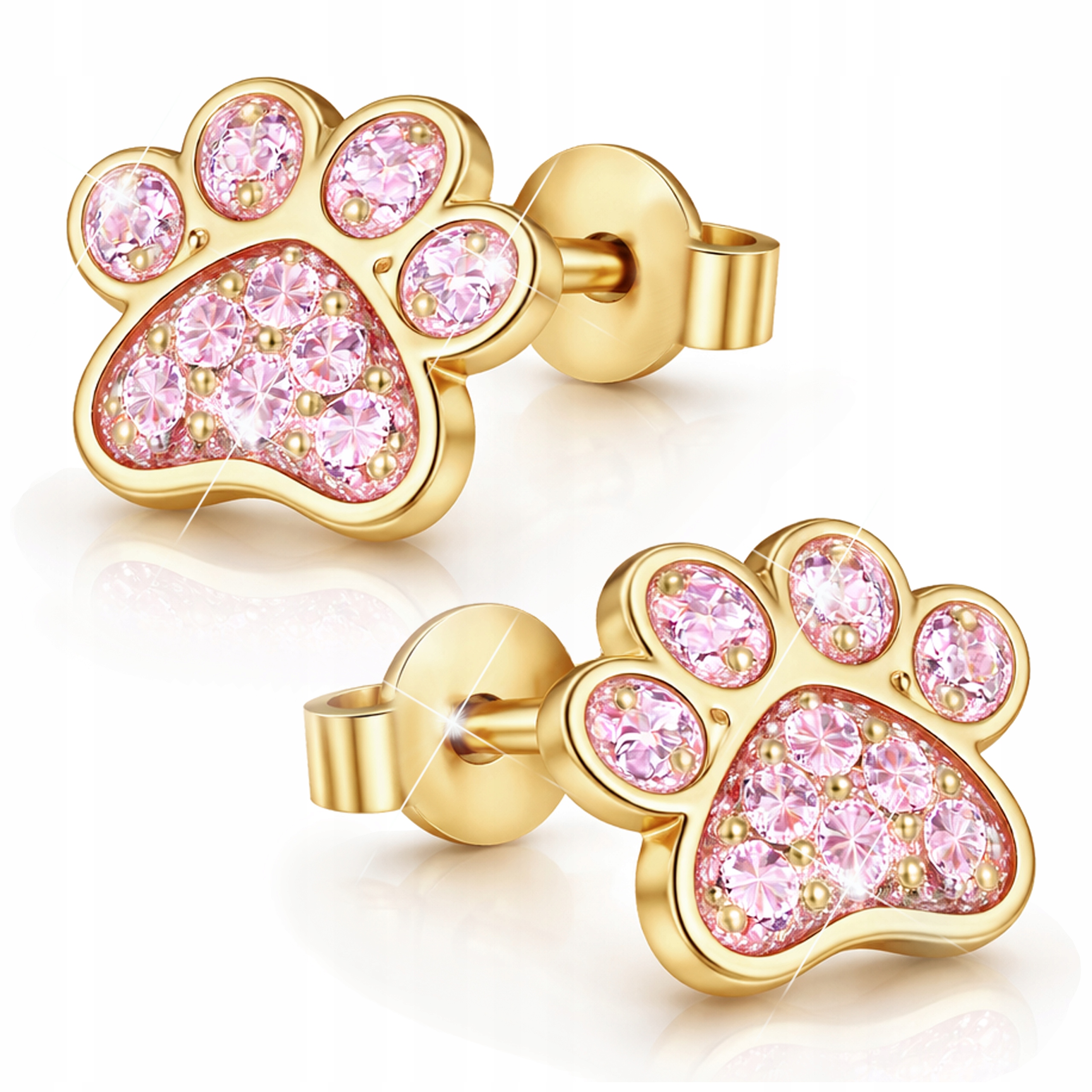Zlaté Náušnice Tlapka Psa Dámské Růžové Zirkony Psí kočičí tlapky Stříbro 925