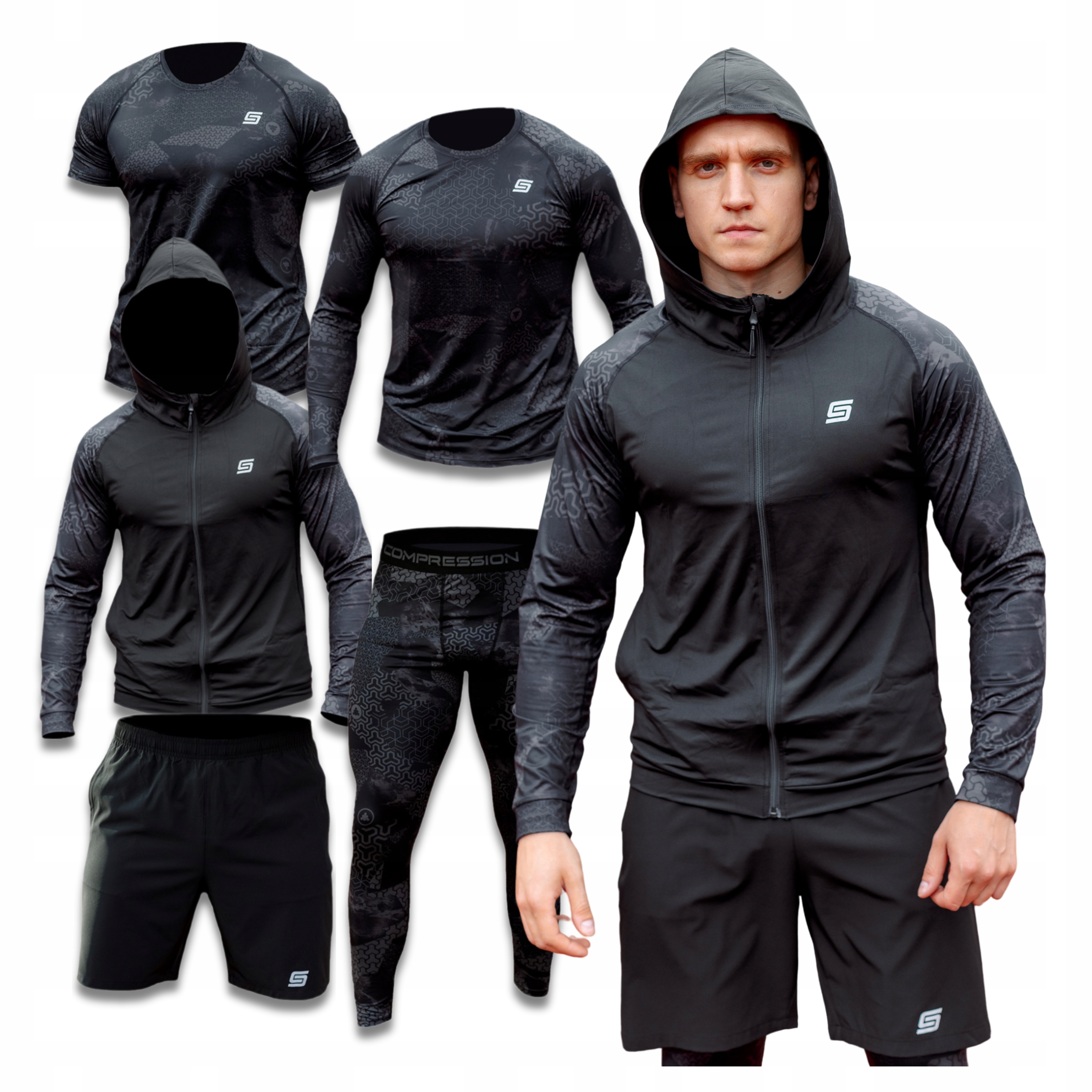 Komplet Tréninkové Tričko Kompresní Kalhoty Teplákovka Pánské 5v1 Do Posilovny