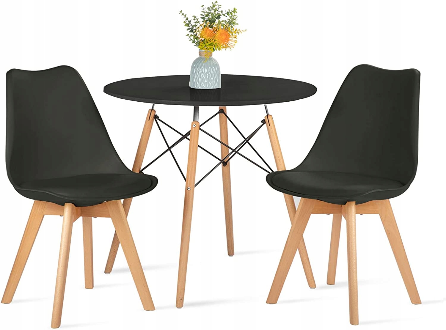 Stół fi 60cm Black+ 2x krzesło Montivaro czarne