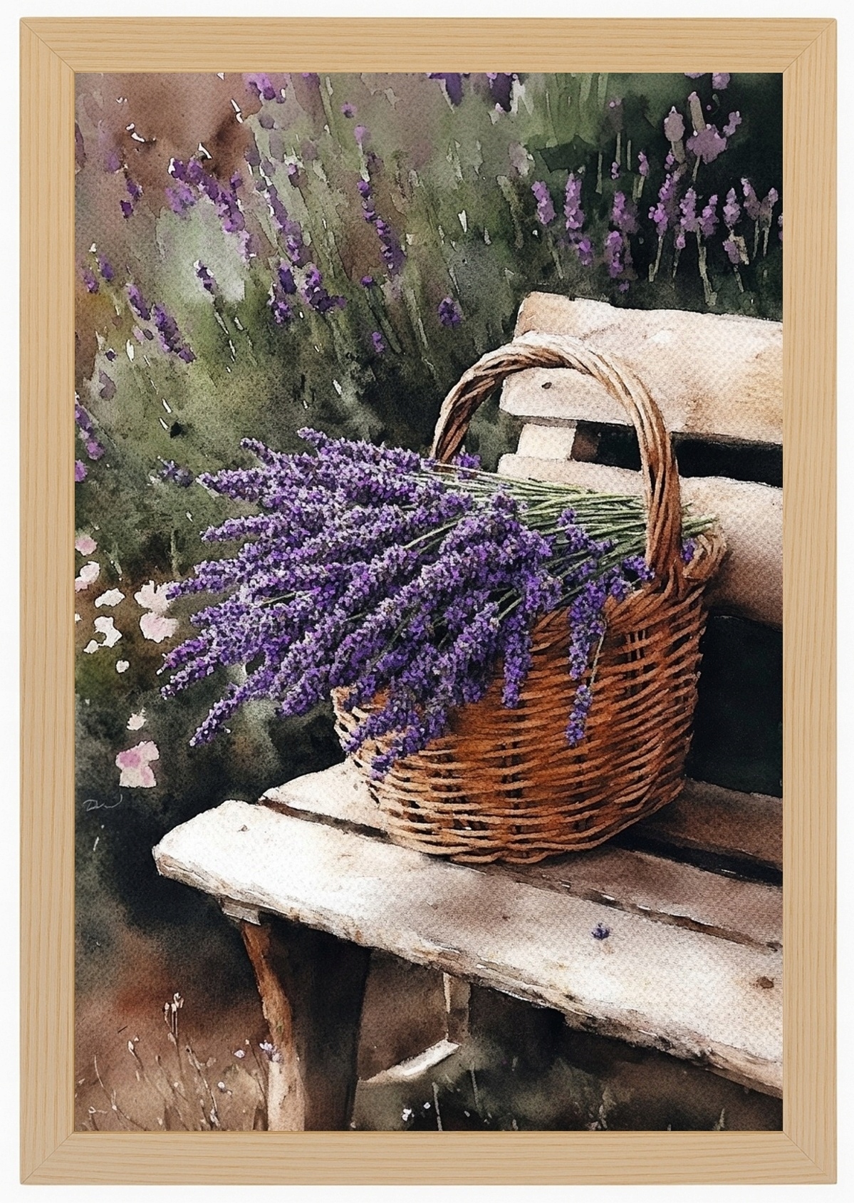 Plakát Rámeček Dřevo Zahrada Lavička Léto Koš Květiny Levandule Kytice 40x60