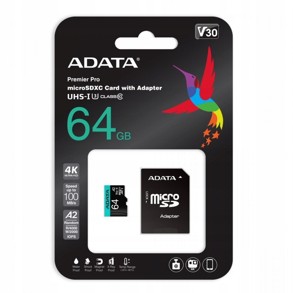Adata Karta pamięci microSD Premier Pro 64GB UHS1 U3 V30 A2 adapter