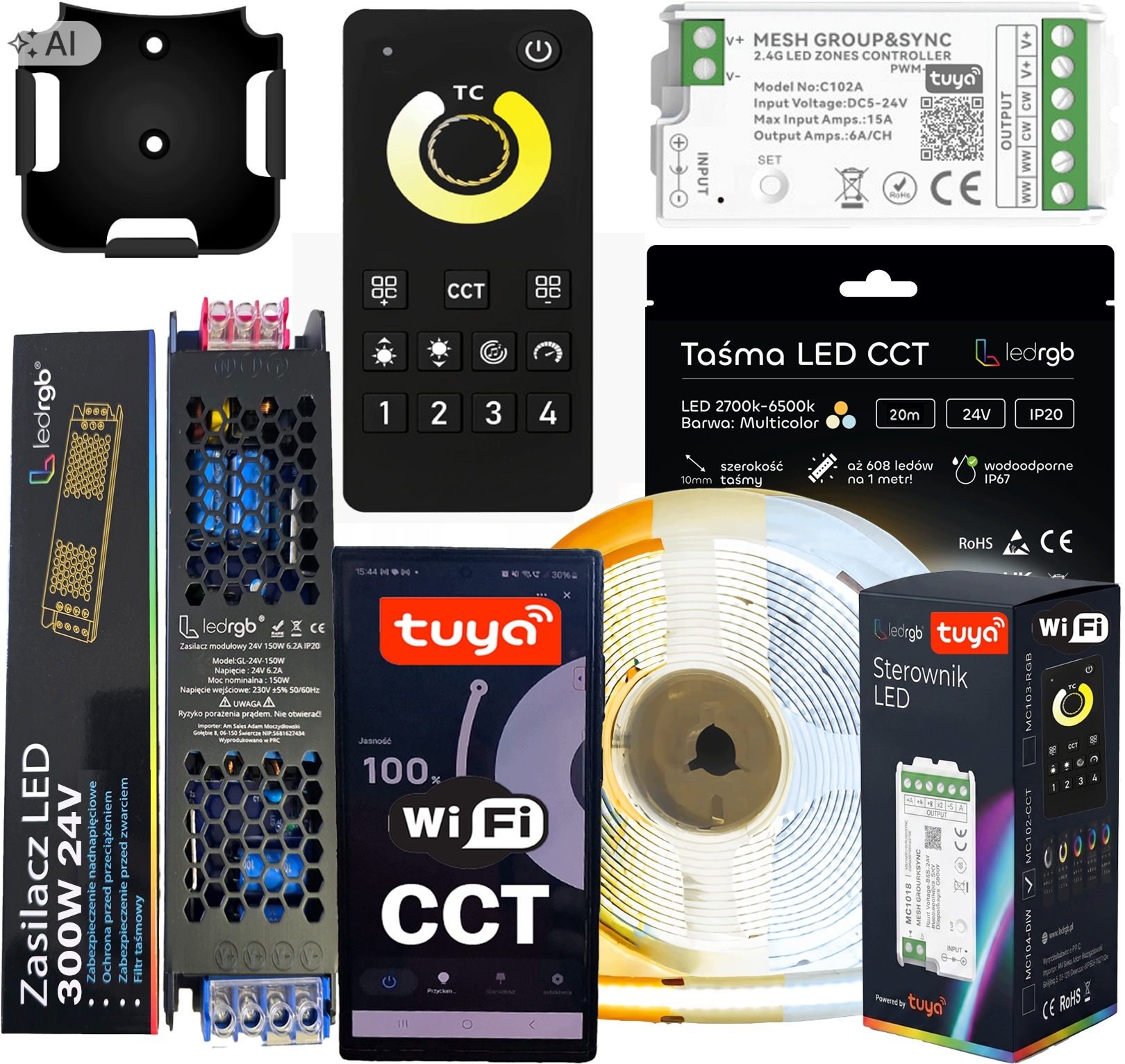 Sada Led pásků Neon Cob 24V 20 m Cct 2700K-6500K Bílá Wifi Dálkový Ovladač Napájecí Zdroj