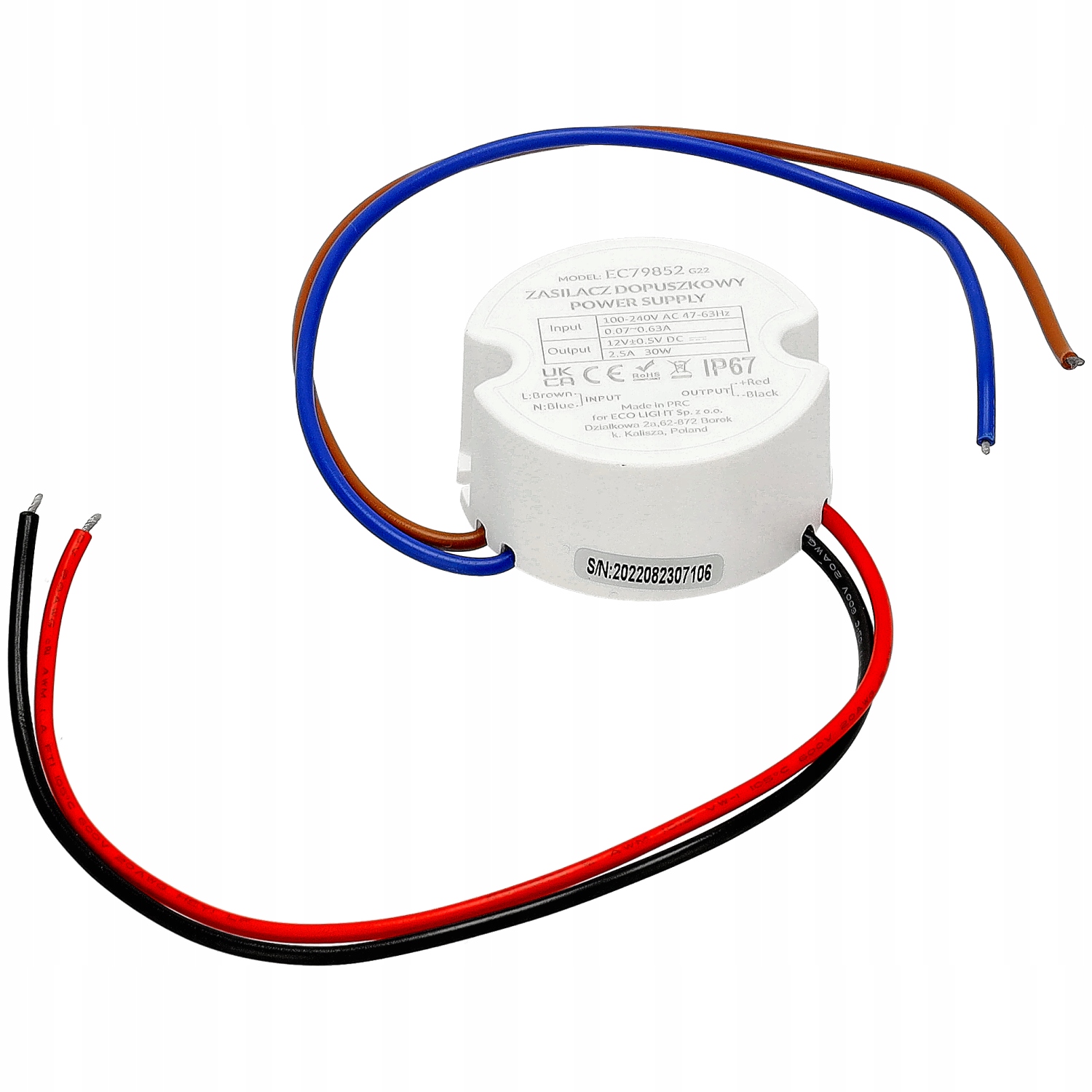 Zasilacz 12V LED 30W 2,5A Do Puszki FI60 IP67 LED Moc 30 W