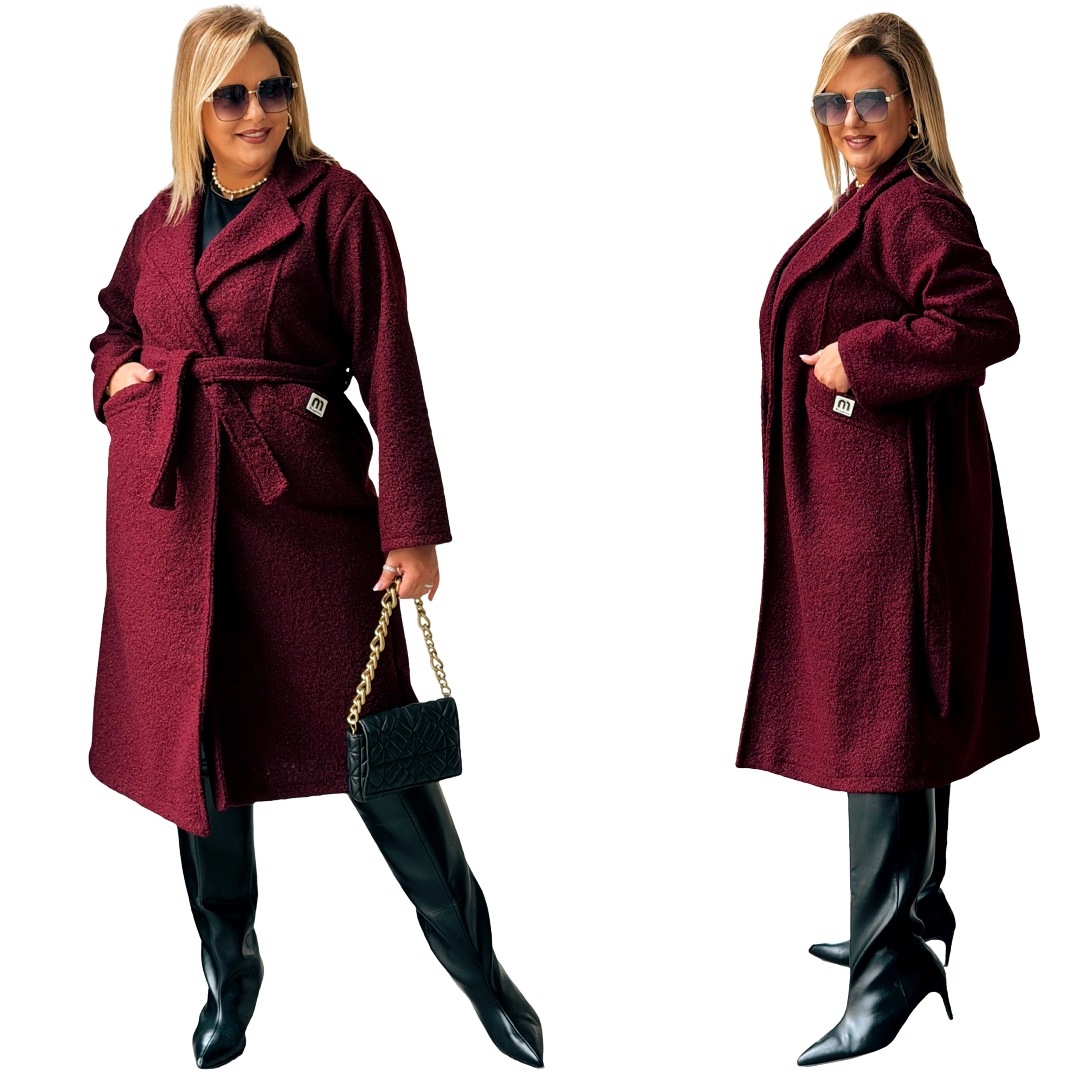 Dámský zavazovací kabát Boucle Plus Size Cavaricci Bordový