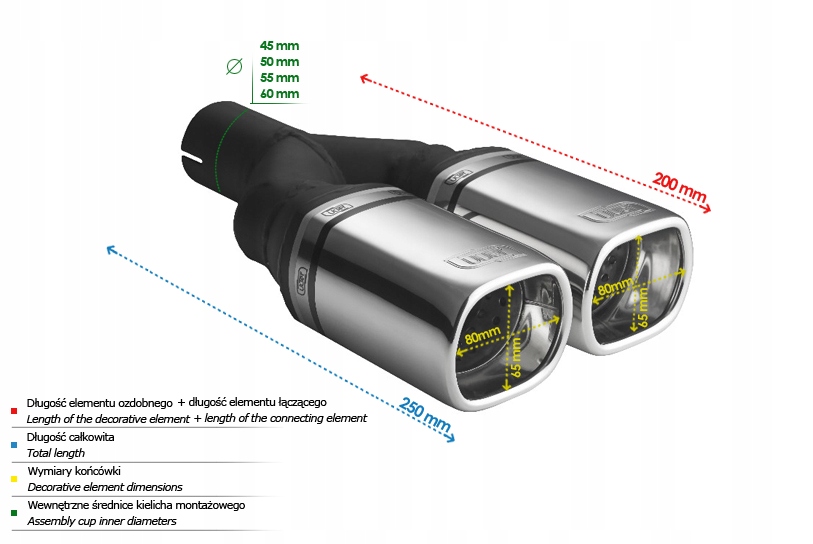 Końcówka wydechu ULTER SPORT podwójna 80x65 Typ samochodu Samochody osobowe
