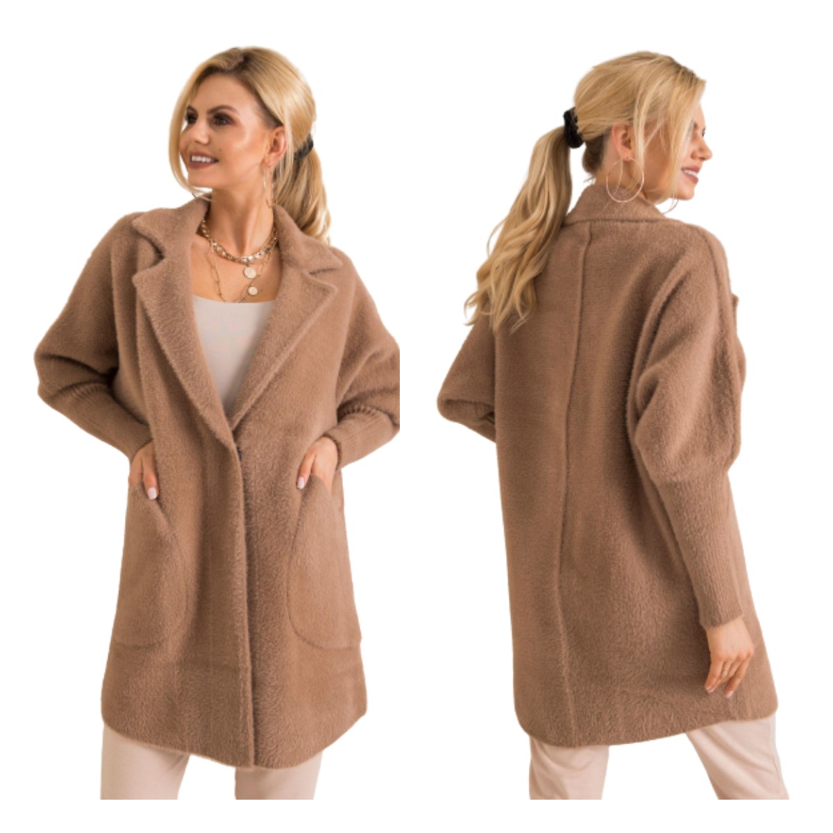 Alpaka Oversize Kabát Z Hladké Vlny Karamel