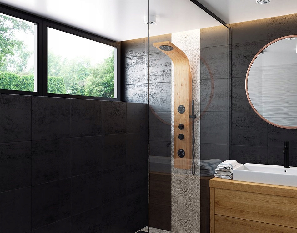 PANEL PRYSZNICOWY CZARNY MAT BAMBUS Z TERMOSTATEM Szerokość produktu 20 cm