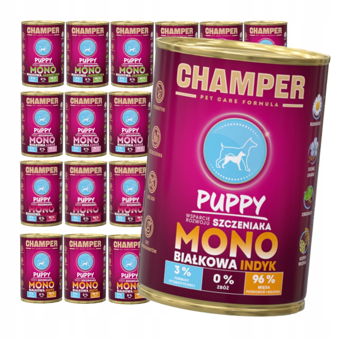 Levně Champer Puppy Monoproteinové 24 x 400 g Vlhké Krmivo pro štěňata Mix Chutí