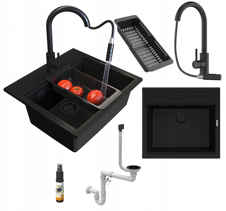 Drez Čierny Verno granitový Sada Drez batéria Loseto čierna sifón