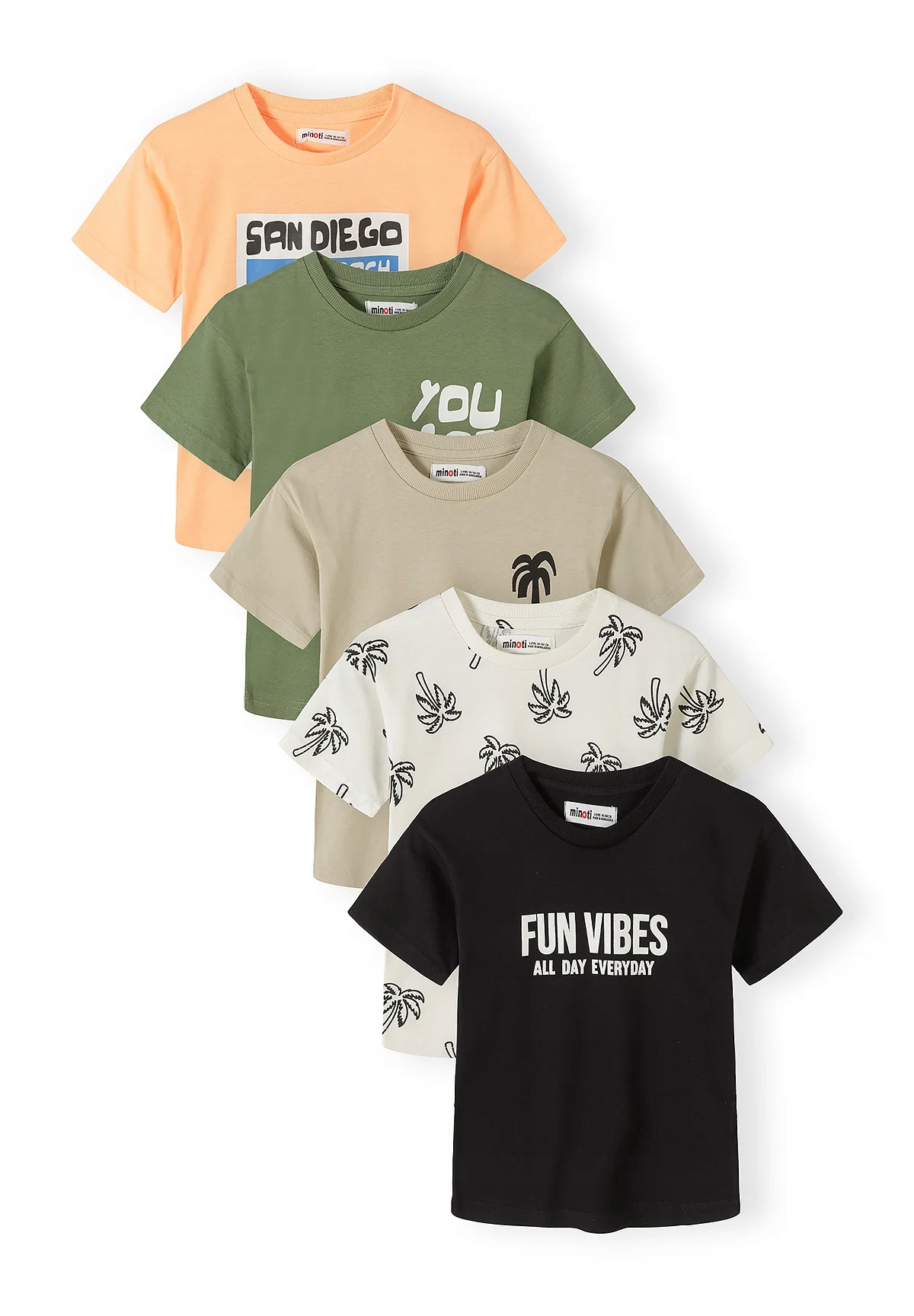 Chłopięce t-shirty 5-pak z grafiką plażową czarny i khaki Minoti R 74cm