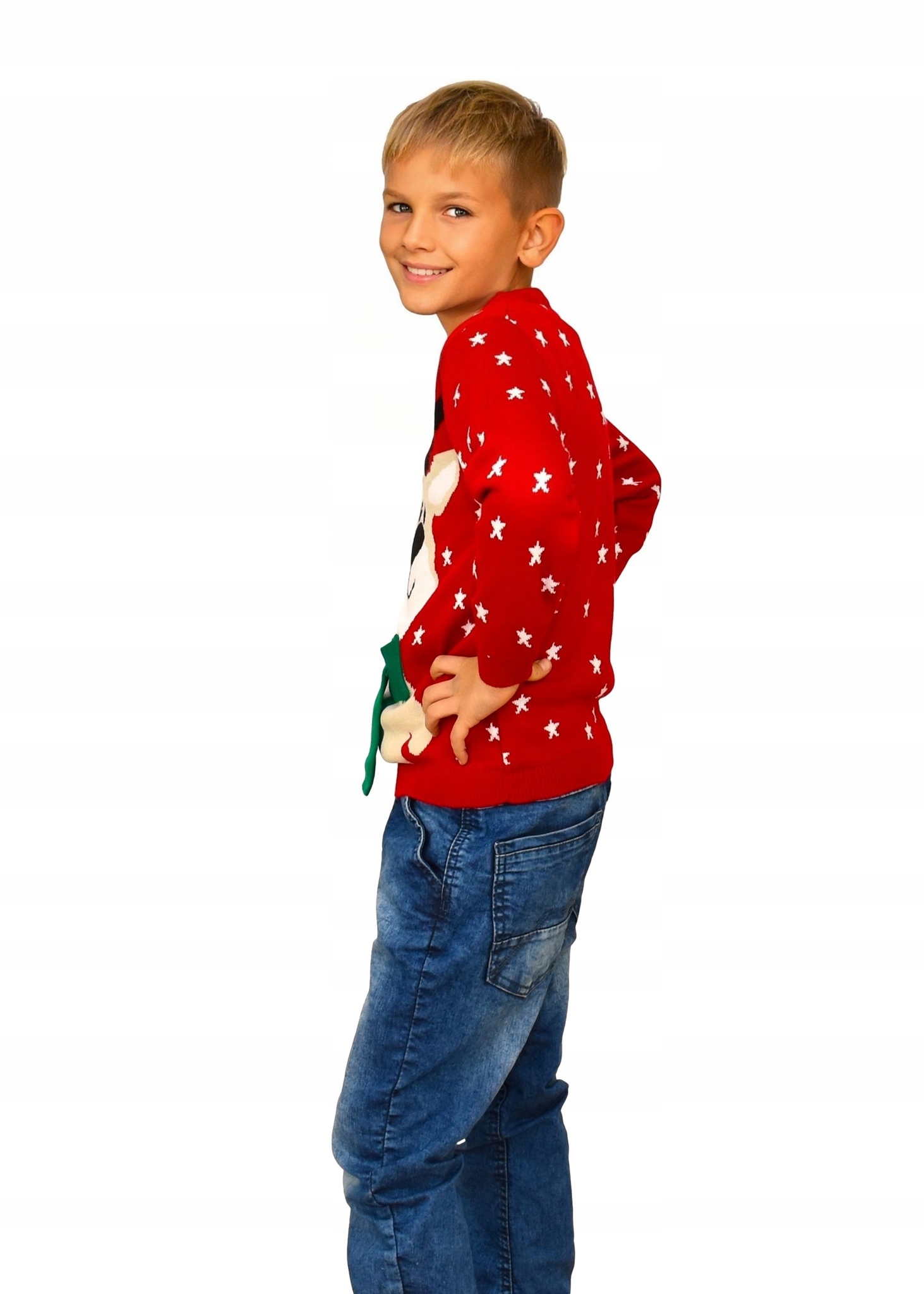 DZIECIĘCY SWETER Z RENIFEREM Z SZALIKIEM CZERWONY ŚWIĄTECZNE SWETERKI 4/5 Rozmiar (new) 110 (105 - 110 cm)