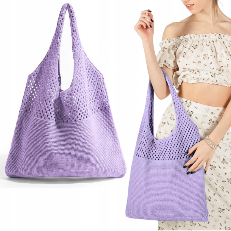 TORBA DAMSKA NA RAMIĘ DZIANA DZIERGANA FIOLETOWA LETNIA NA PLAŻĘ BOHO