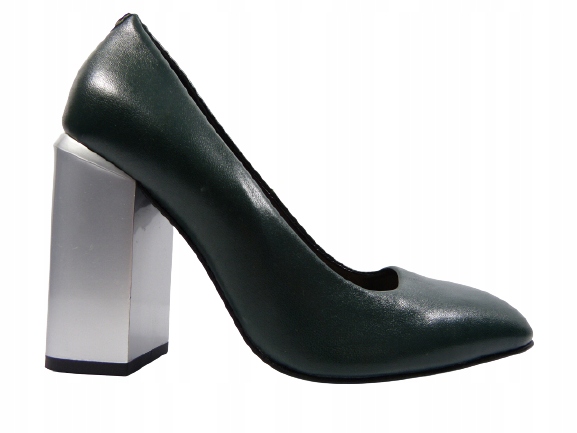 zelené kožené lodičky stříbrné, stabilní podpatek, podpatek Sala 37