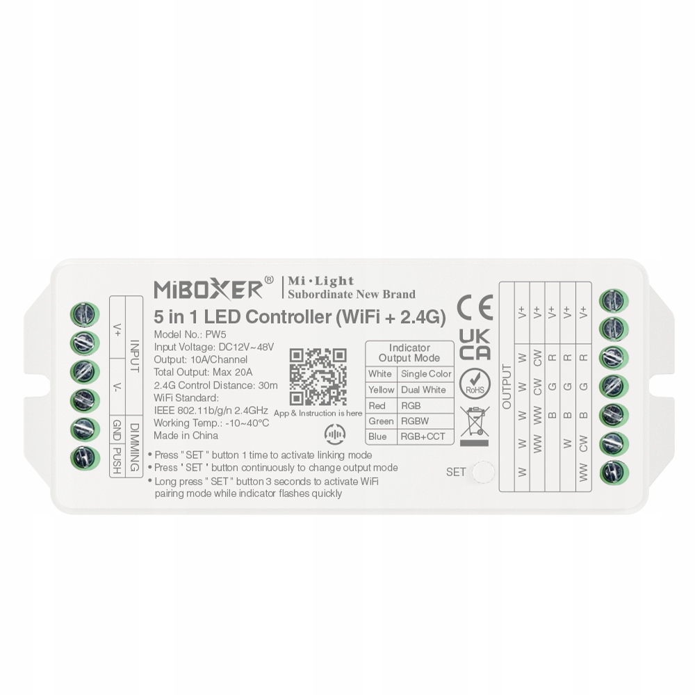 Miboxer Sterownik Led WiFi 5w1 Mono/cct/rgb/rgbw/rgb+cct 2.4G 20A 12-48V