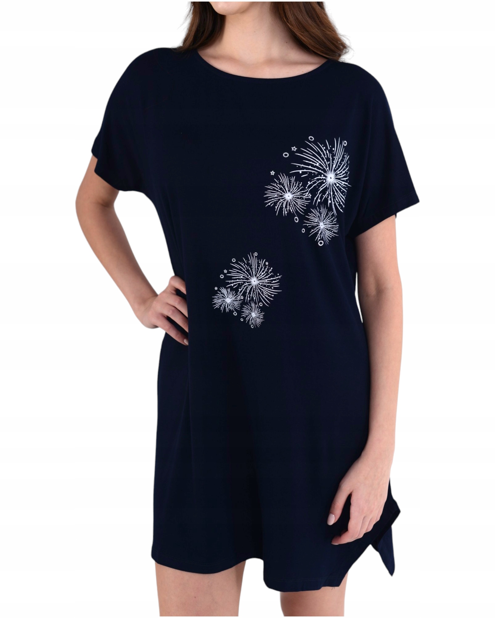 Piżama damska koszula nocna z krótkim rękawem przed kolano granatowa M Dekolt okrągły
