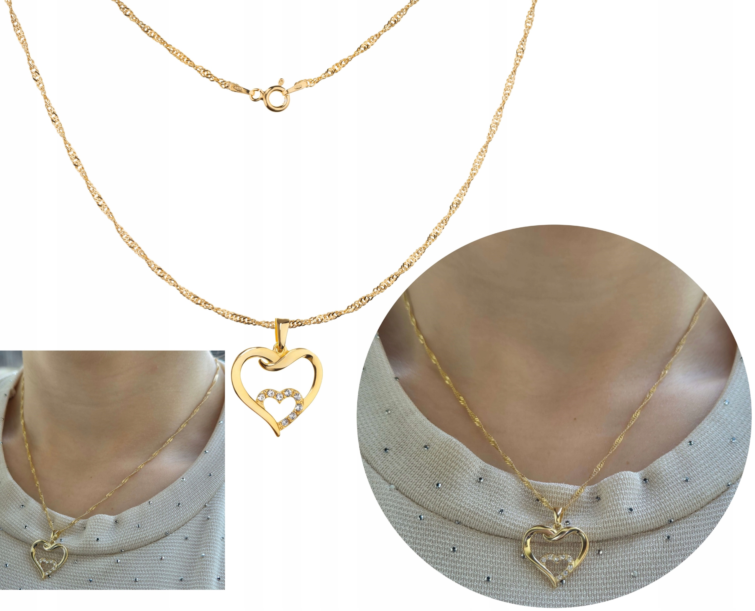 Set Stříbrný Řetízek Singpur Přívěsek Srdce Pozlacený Přívěsek 925