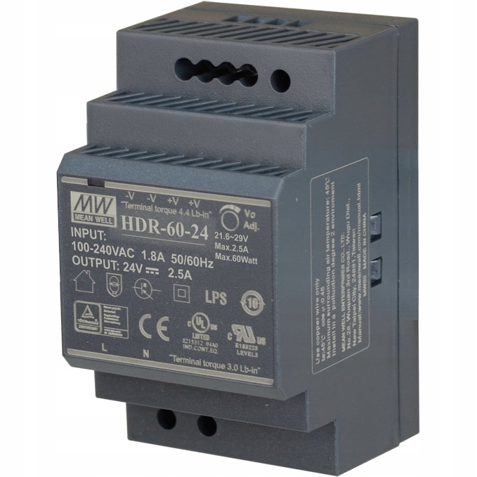 ZASILACZ NA SZYNĘ DIN 24V 2,5A 60W UNIWERSALNY SLIM 3-MODUŁOWY MEAN WELL Stan opakowania oryginalne