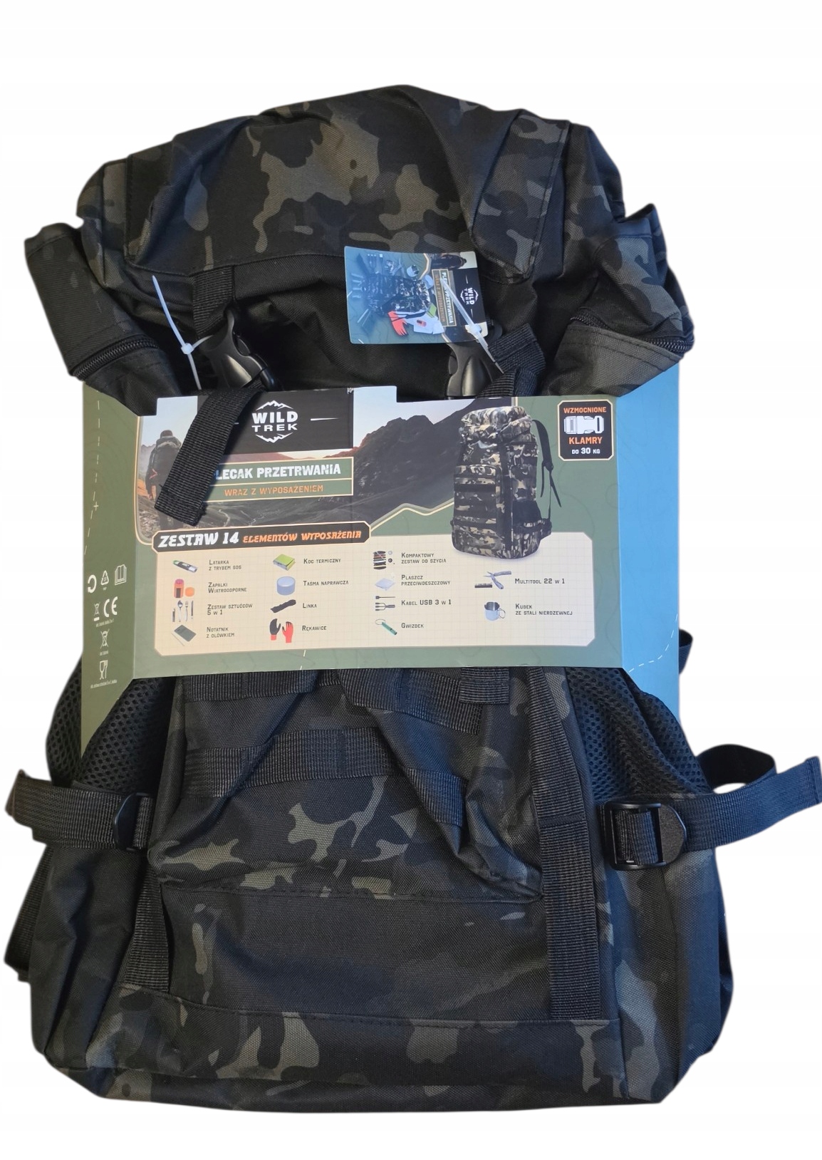 Batoh pro přežití s vybavením 14 dílů Wild Trek 60l Maskáč pevné přezky